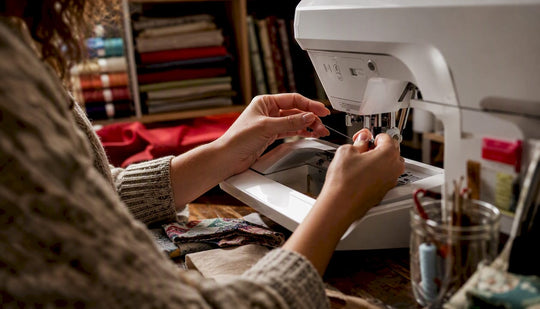 Hands threading an embroidery machine needle