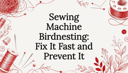 Decorative title card illustration of sewing elements and thread nest