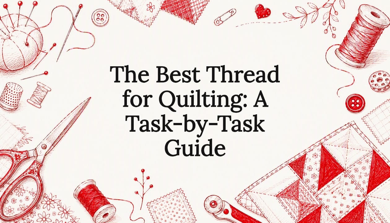 Decorative title card with quilting tools illustration