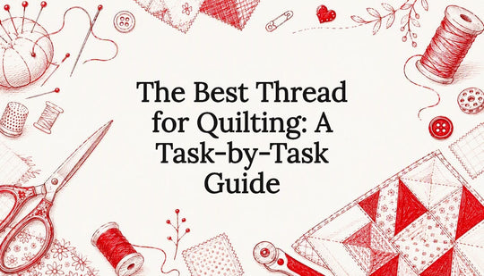 Decorative title card with quilting tools illustration