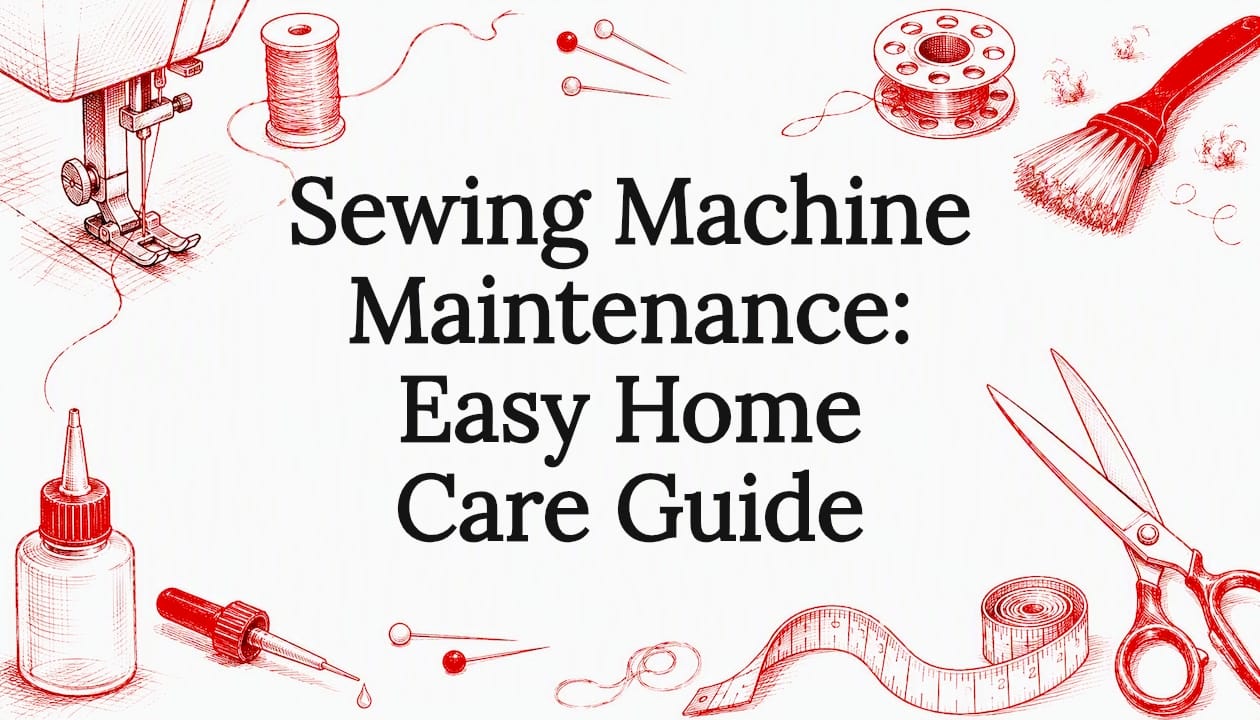 Decorative title card illustrating sewing maintenance tools