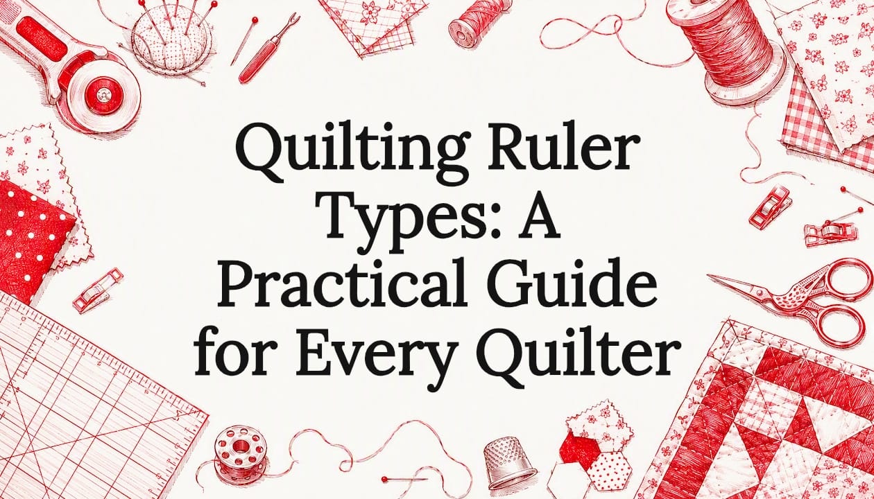 Decorative title card illustration of quilting tools
