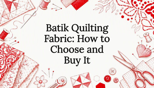 Decorative title card illustration of quilting tools and batik patterns
