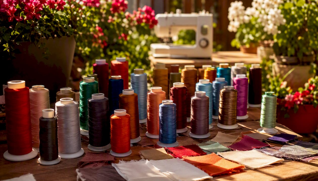 Close-up of colorful embroidery and sewing thread spools