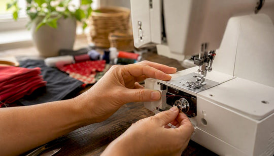 Hands checking bobbin area of sewing machine