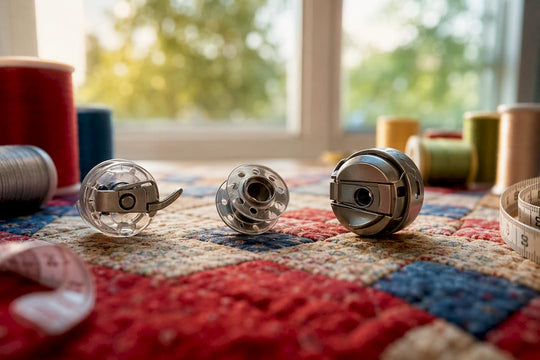Close-up of different sewing machine bobbin types