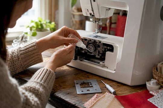 Hands oiling sewing machine bobbin area