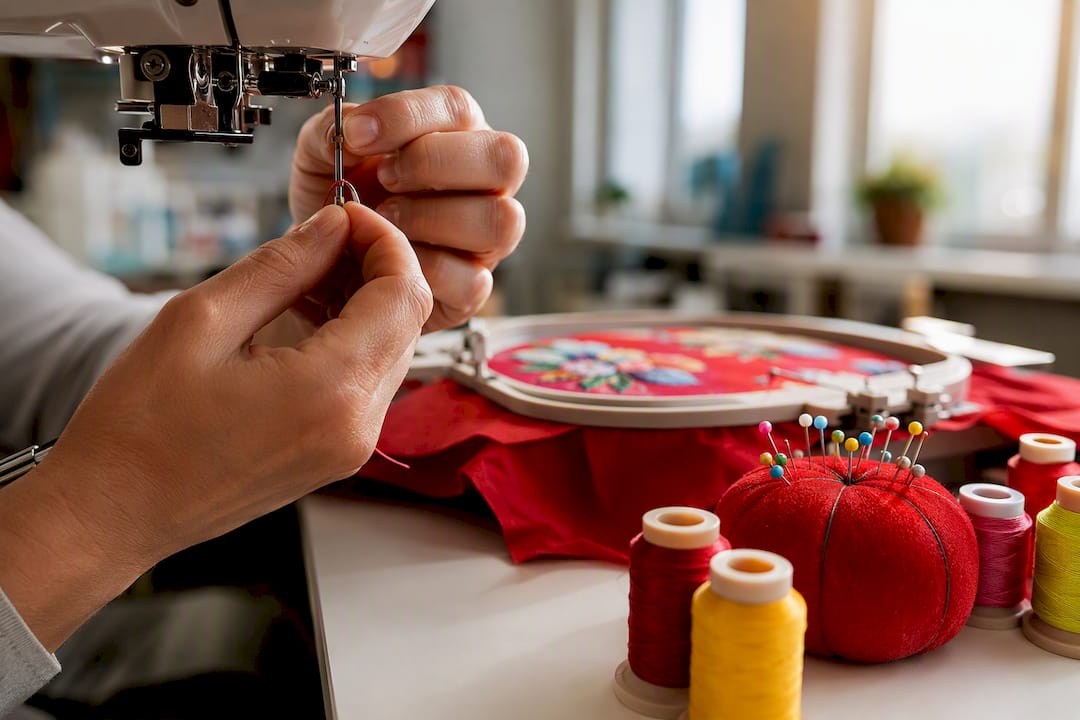 Hands threading embroidery machine needle