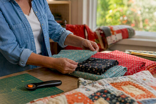 Hands inspecting quilting fabric bolts