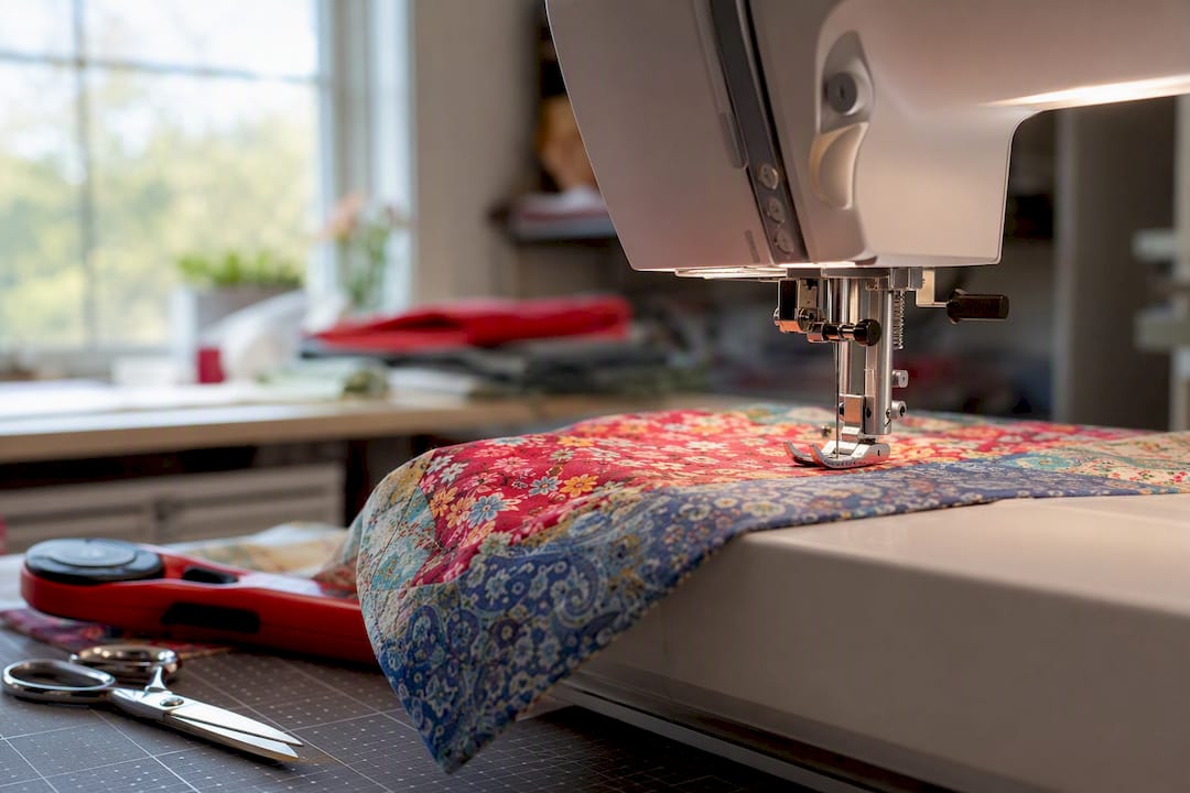 Close-up of sewing machine needle stitching denim