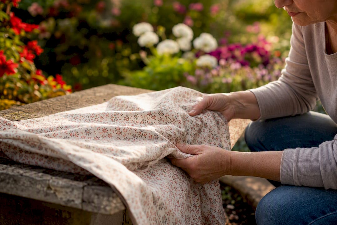 Hands holding medium-weight fabric for quilting