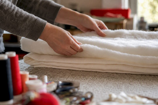 Hands comparing cotton and polyester quilt batting