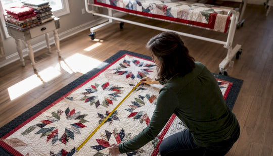 Quilter measuring room space for quilt frame