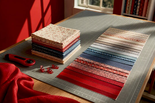 Jelly rolls and fat quarters on cutting mat