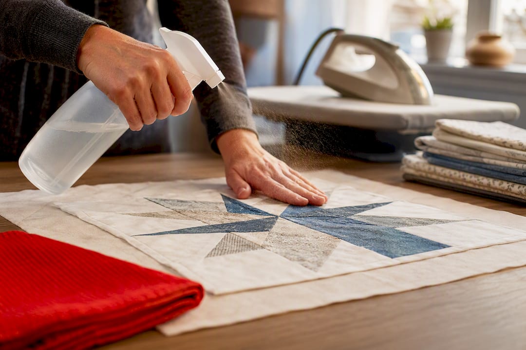 Hands spraying starch onto quilt fabric
