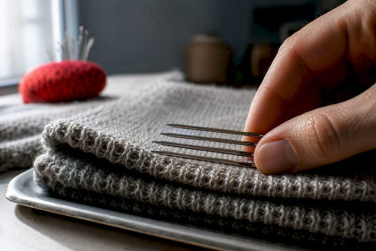 Needles beside textured knit fabric