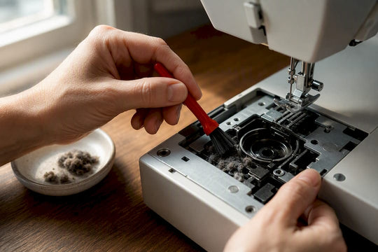 Hands brushing lint from sewing machine bobbin area