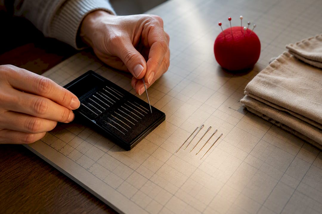 Hands sorting sewing needles by size