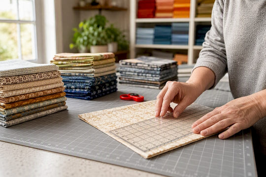 Quilter measuring precut fabric pieces