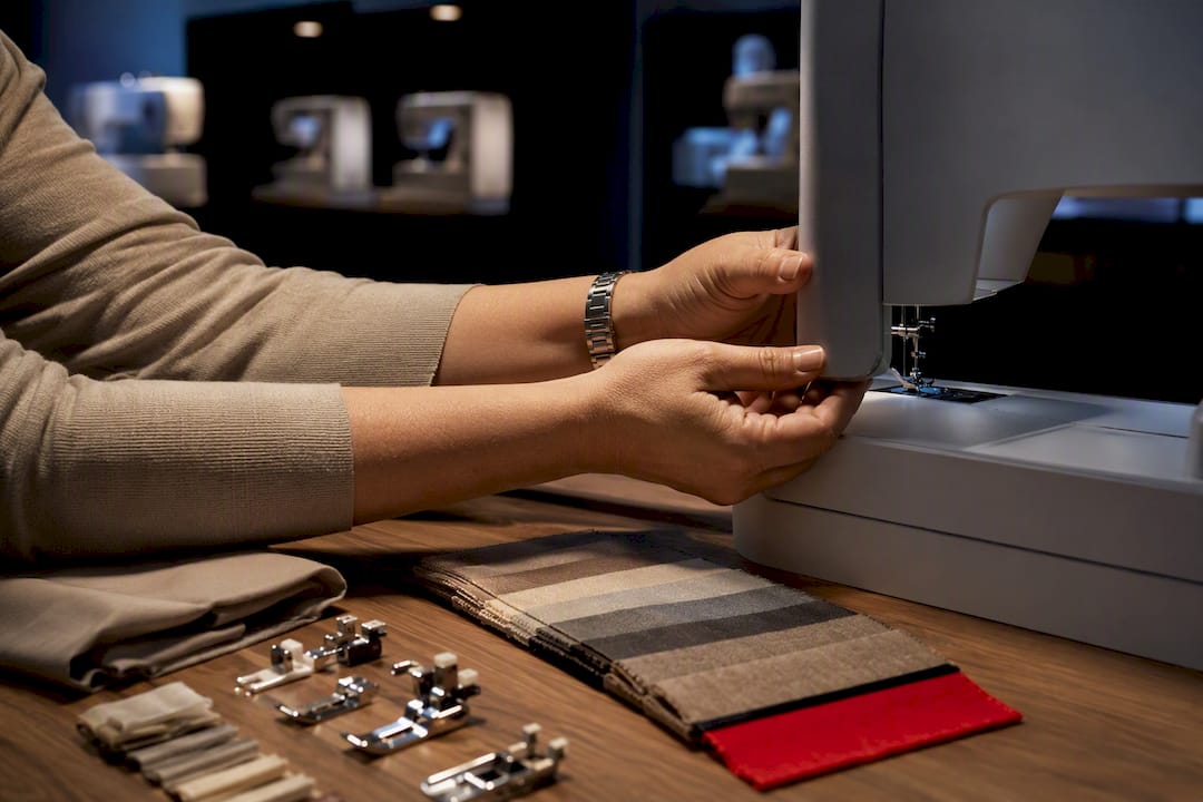 Hands evaluating sewing machine construction
