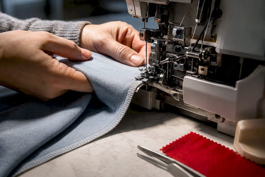 Close-up of serger overlocking a fabric edge