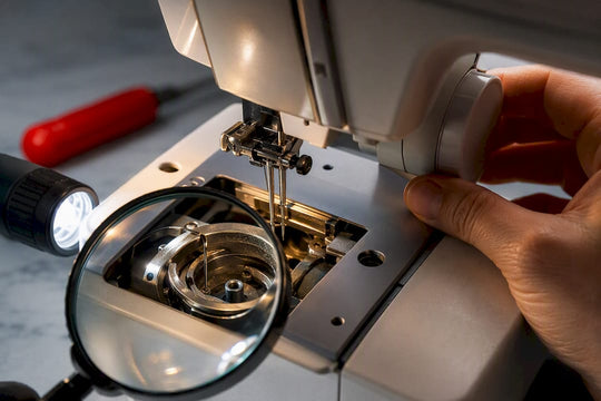 Close-up of sewing machine timing inspection