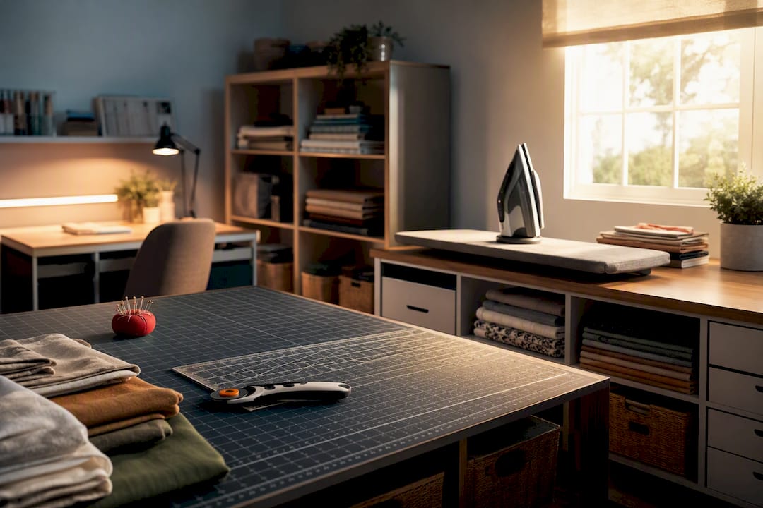 Organized home sewing room with distinct work zones