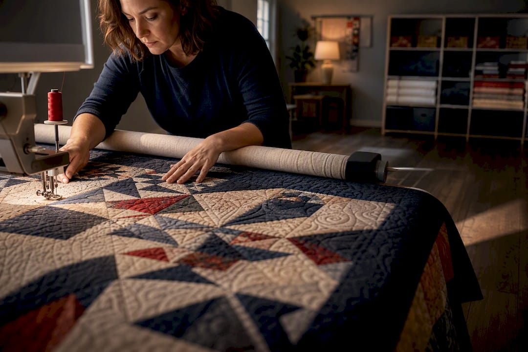 Quilter guiding a quilt on longarm frame