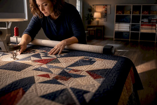 Quilter guiding a quilt on longarm frame