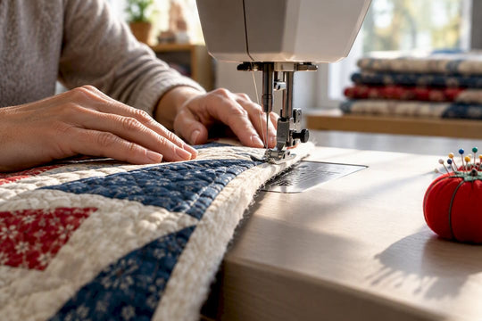 Quilter guiding fabric through machine throat
