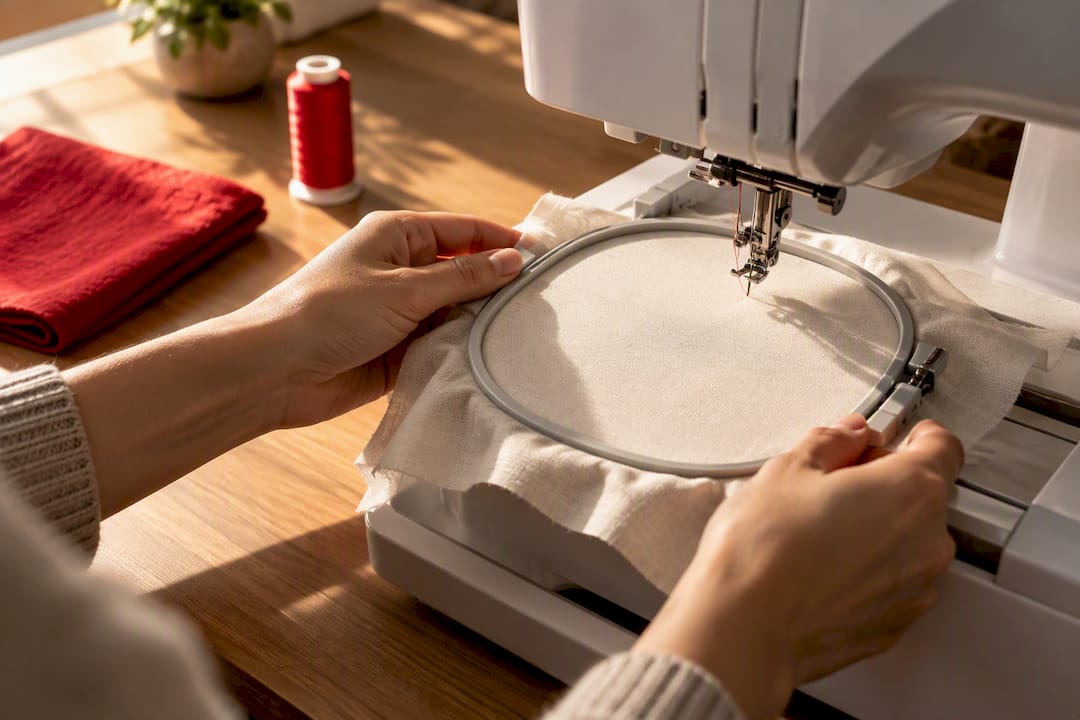 Hands positioning fabric beneath embroidery needle