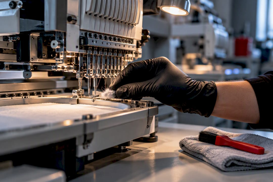 Close-up embroidery machine maintenance check