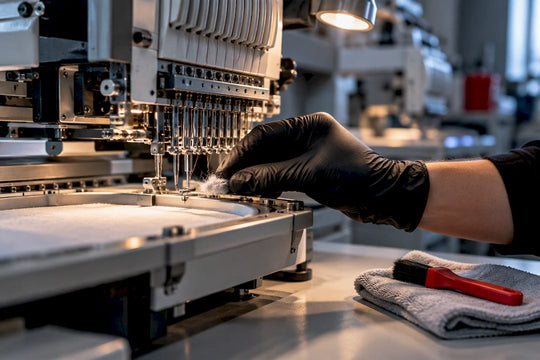Close-up embroidery machine maintenance check