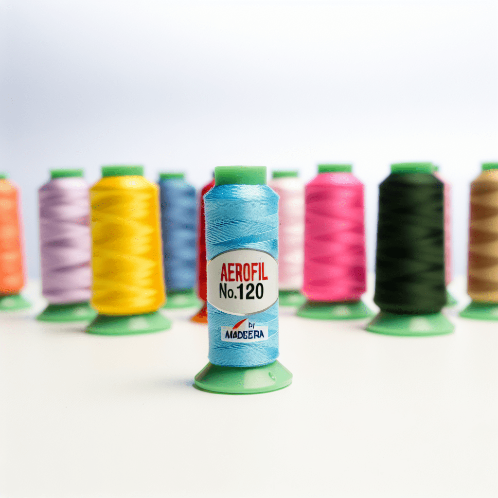 Blue Aerofil No.120 Madeira embroidery thread on a green spool with colorful spools in the background, 1100yds
