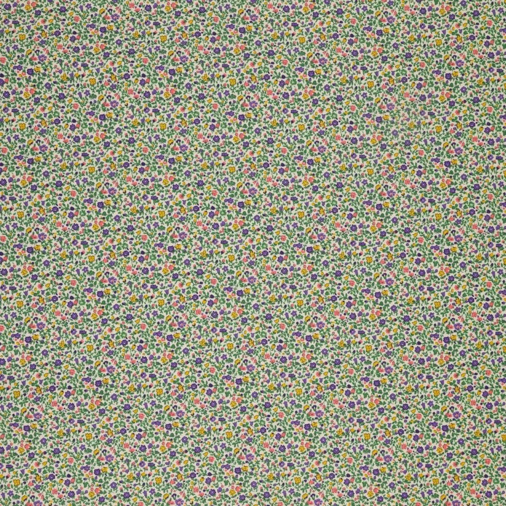 Everlasting Posy Haze A quilting cotton fabric with tiny purple, yellow, pink, and green floral motifs on a light background.