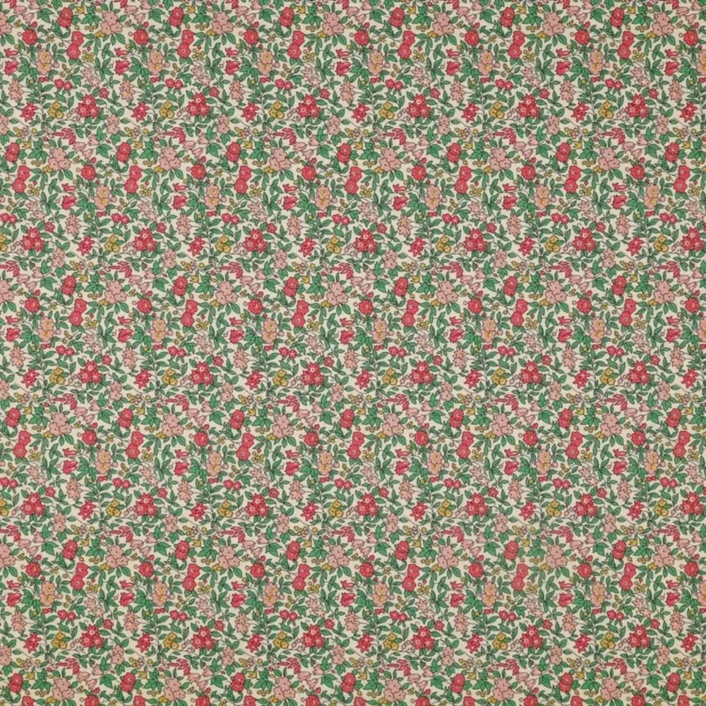 Everlasting Forget Me Not Blossom B quilting cotton fabric with pink flowers, teal leaves, coral accents, and delicate botanical stems.