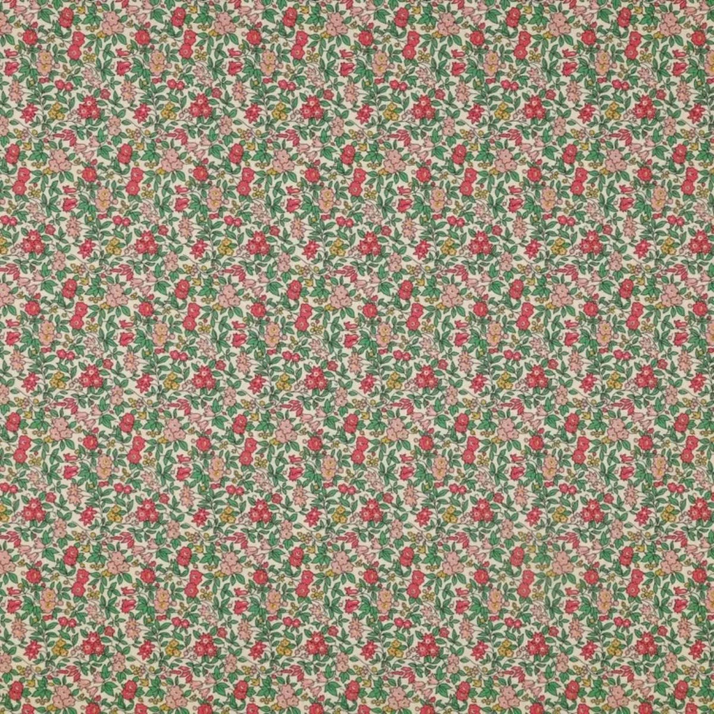 Everlasting Forget Me Not Blossom B quilting cotton fabric with pink flowers, teal leaves, coral accents, and delicate botanical stems.