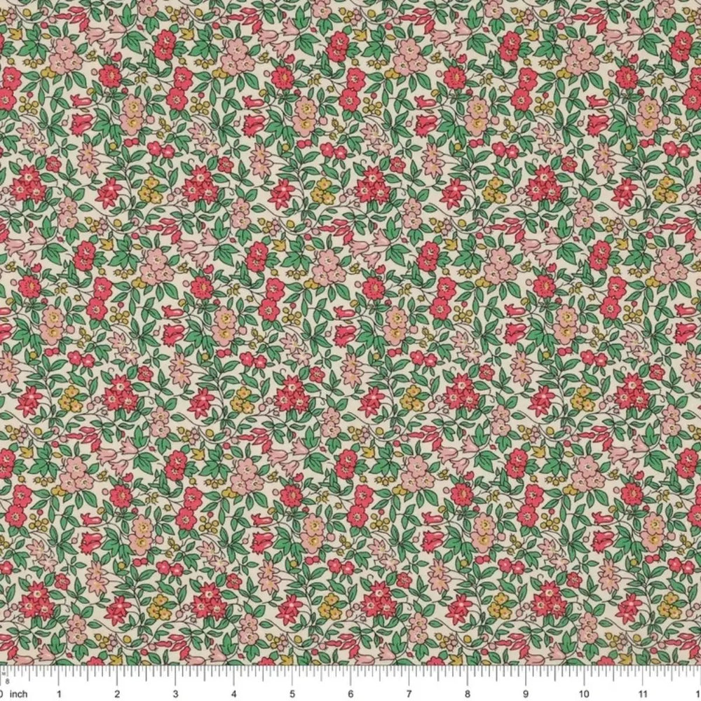 Everlasting Forget Me Not Blossom B quilting cotton fabric with pink flowers, teal leaves, coral accents, and delicate botanical stems.