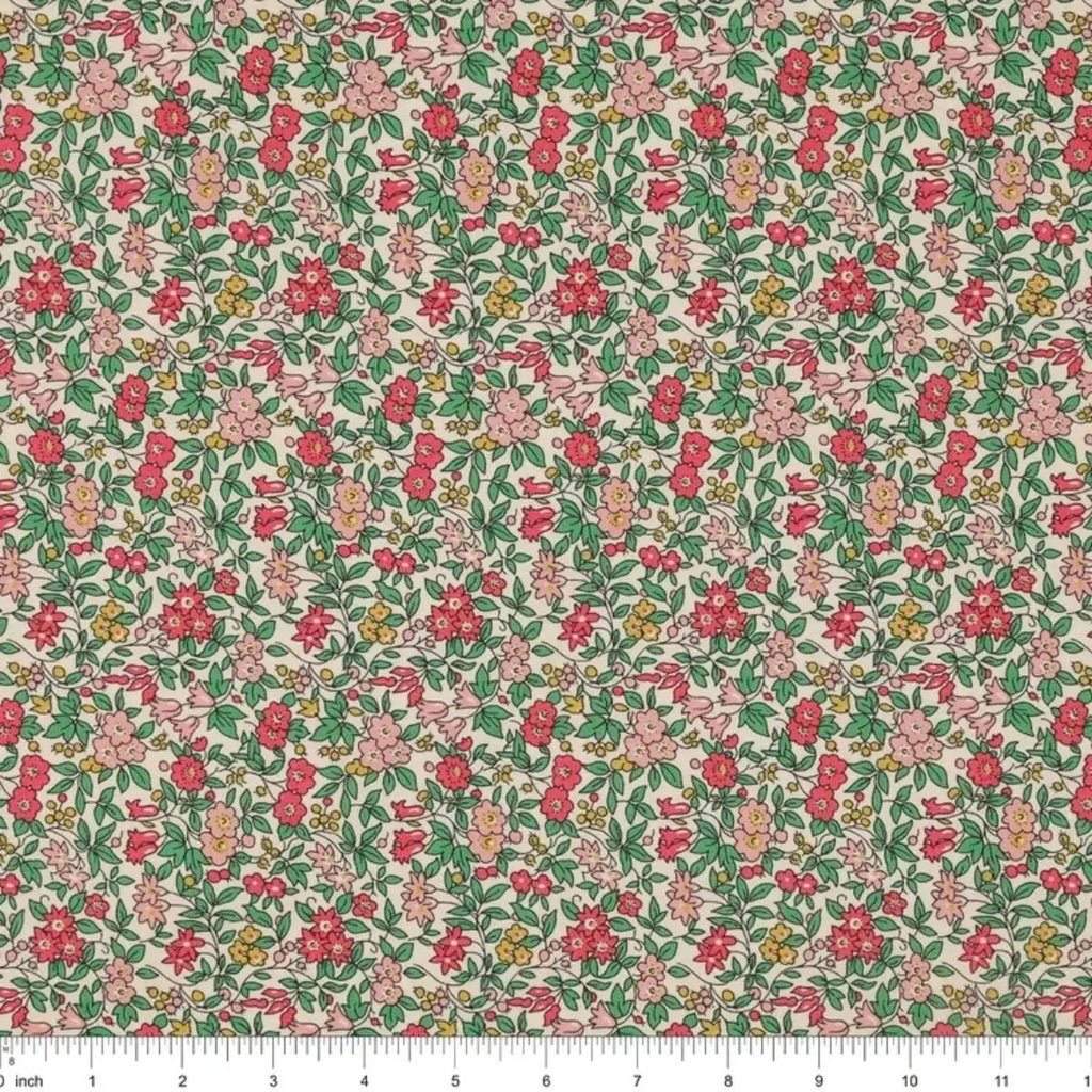 Everlasting Forget Me Not Blossom B quilting cotton fabric with pink flowers, teal leaves, coral accents, and delicate botanical stems.