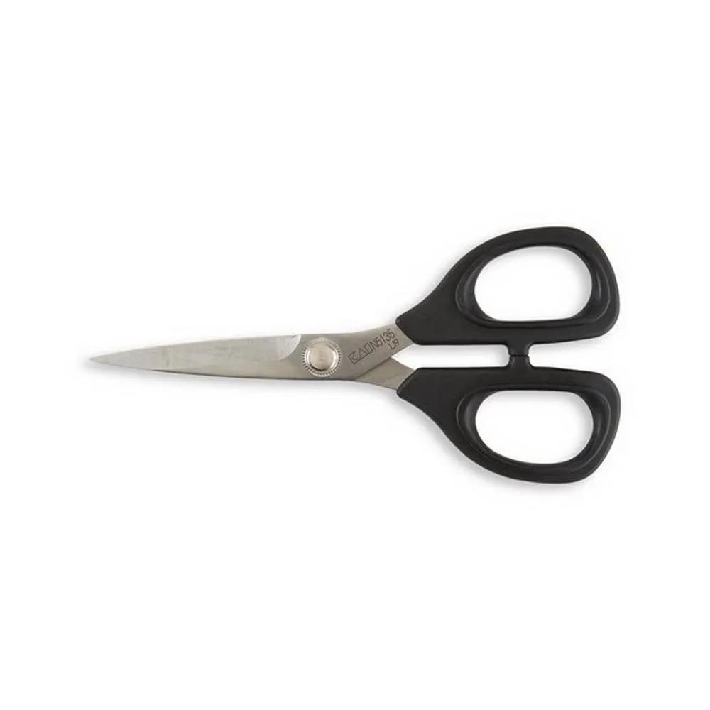Kai 5.5-inch black-handled scissors featuring stainless steel blades.