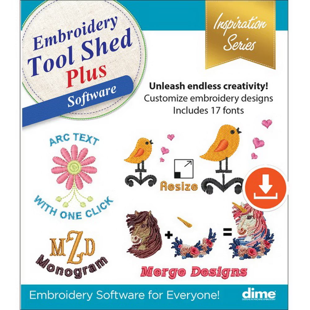 DIME Embroidery Tool Shed Plus Software package with inspiration designs and monogram options.