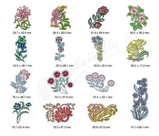 Momo-Dini Flowerets 2 embroidery designs, 16 colorful floral motifs
