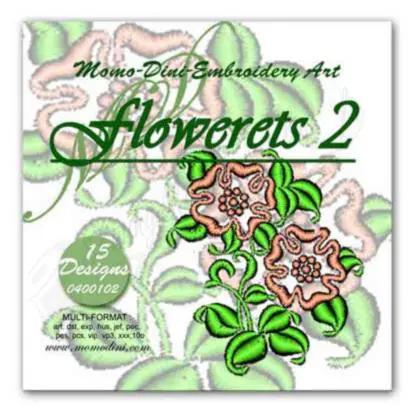 Momo-Dini Embroidery Designs Flowerets 2 cover with green leaves and pink flowers, 15 designs