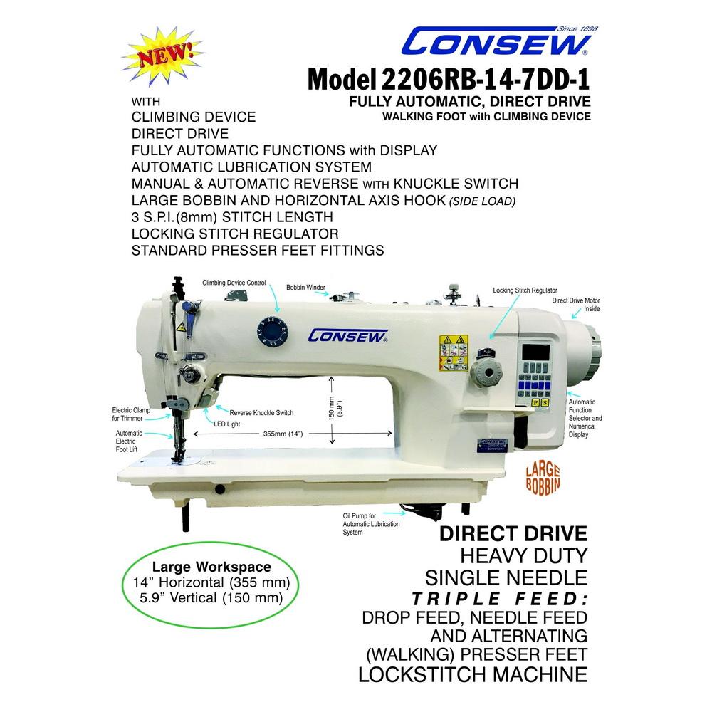 Consew 2206RB-14-7-DD-1 Single Needle Direct Drive Compound Walking Foot Sewing Machine with Complete Tabling