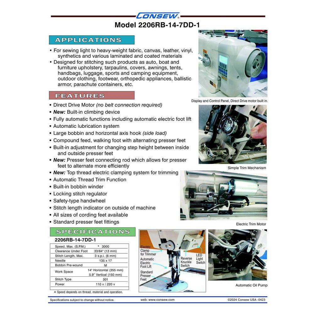 Consew 2206RB-14-7-DD-1 Single Needle Direct Drive Compound Walking Foot Sewing Machine with Complete Tabling