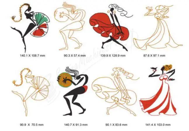 Momo-Dini Embroidery Designs Shall We Dance collection; set of 8 colorful dancer silhouettes in varied poses.