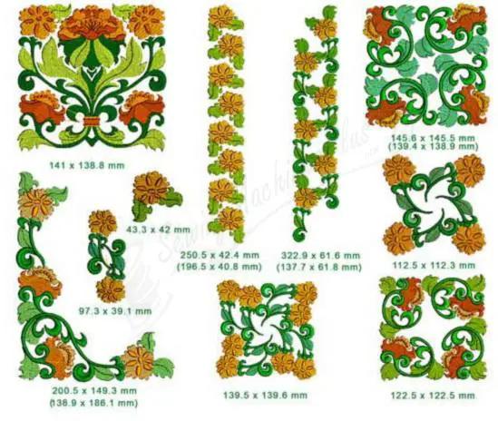 Momo-Dini Embroidery Designs: Golden Peony collection, 12 motifs with orange flowers and green foliage, borders.