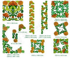 Momo-Dini Embroidery Designs: Golden Peony collection, 12 motifs with orange flowers and green foliage, borders.
