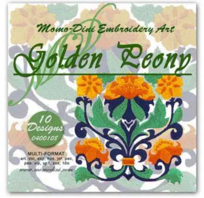 Embroidery designs: Golden Peony by Momo-Dini, 10-design set with yellow flowers and blue-green ornamental motif.