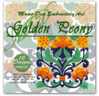 Embroidery designs: Golden Peony by Momo-Dini, 10-design set with yellow flowers and blue-green ornamental motif.